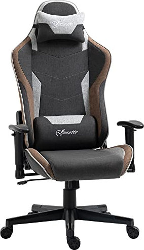 Vinsetto Sedia da Gaming Ergonomica con Braccioli, Poggiatesta e Altezza Regolabile, Poltrona Gaming Ufficio Reclinabile in Tessuto Effetto Lino con Funzione Dondolo, Supporto Lombare, Marrone Chiaro