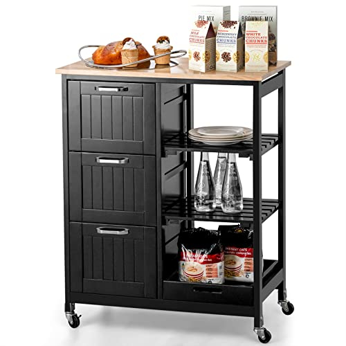 COSTWAY Küchenwagen mit Tablett, Regalen und 3 großen Schubladen, Küchenschrank rollbar, Kücheninsel aus Kautschukholz, Servierwagen 67 x 37 x 83,5 cm (Schwarz)