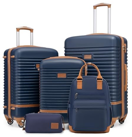 COOLIFE Set Valigie,Set di Valigie,Trolley da Viaggio con 4 Rotelle Girevoli a 360° TSA Serratura 1 zaino da viaggio e 1 Borsa da toilette Incluso (Albicocca/Blu Navy, Set da 5 Pezzi)