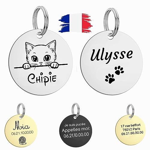 GEMOLIA Medaille chat et chien avec gravure - Laser En France Porte adresse personnalisé pour colliers Pendentifs personnalisable acier inoxydable numéro prénom Argent,Or,Or rose,Noir