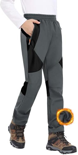 Pantaloni da Sci Invernali per Bambini e Bambine, con Imbottitura in Pile, Pantaloni Trekking Softshell Arrampicata Escursionismo-Dark Grey+Black-Dark Grey+Black-122-128
