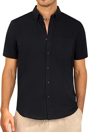 J.VER Men's Black Linen Shirts Short Sleeve Button Down Regular Fit Solid Shirt Shrink Free Casual Breathable Light Summer Holiday Beath Shirts with Pocket L