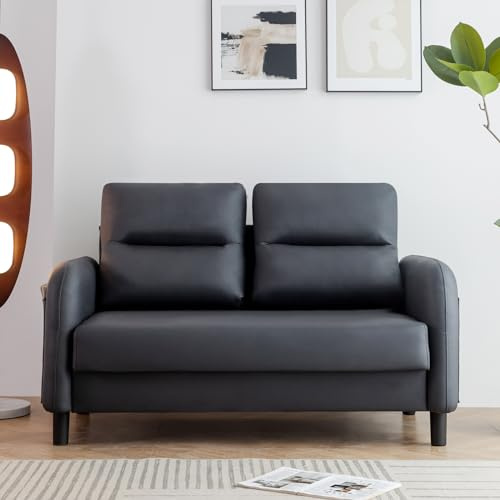 2 Seater Leather Sofa Couch Loveseat With Armrest - Faux Leather Small Settee for Living Room, Comfortable Modern Black
