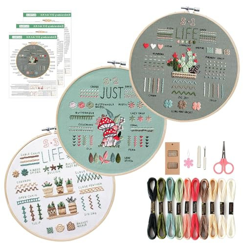 FENGQQKJ Stickset für Anfänger Sticken Set Erwachsene Embroidery Kit Stickrahmen-Set blumen Pflanzen Kreuzstich Anfänger 3 Sets Stickerei DIY Kreuzstich Stick mit 1 Stück Bambus für Handstickerei