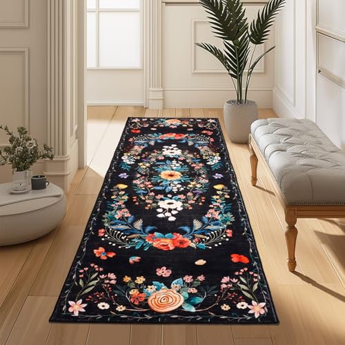 Schwarz Blume Teppich Läufer Flur Rutschfest 60x180cm, Boho Weich Langer Läufer, Waschbar Kurzflor Küchenläufer Rutschfest, Teppichläufer Flur Flurteppich Flurläufer für Küche Schlafzimmer Wohnzimmer