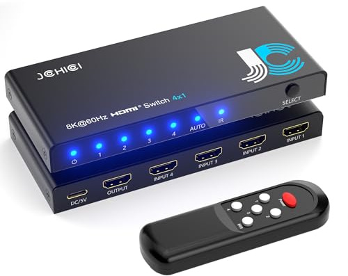 JCHICI HDMI Switcher 4 Eingang 1 Ausgang 8K@60Hz/4K@120Hz/1080P@240Hz HDMI Switch HDMI Selector mit Fernbedienung HDCP 2.3/HDMI 2.1 HDR 3D Kompatibel mit wählbarer Auto/Manueller Umschaltfunktion