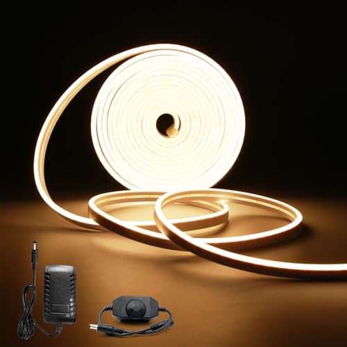 Fwoche Neon LED remsa Varmvit 5 m 12V, 3000k LED strip 120LEDs/M dimbara, med dimmer och adapter, IP65 vattentät, silikon DIY flexibel ljusrem för inomhus- och utomhusdekoration