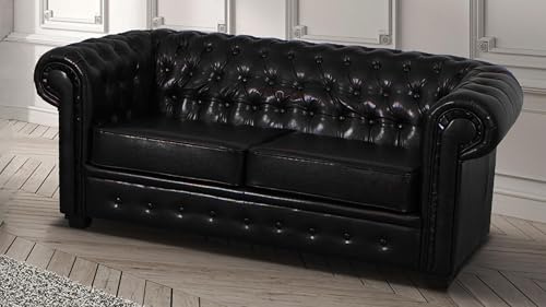 RestNest Chesterfield Sofa 2 Seater, Black Leather Settee, Scroll Arms