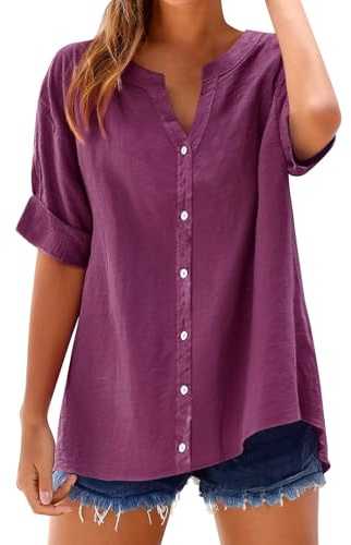 Womens Linen Tops Uk 2025 Short Sleeve Plus Size Shirts Summer Cotton Linen Button Down Blouses Solid Colour Ladies Casual V Neck Roll Up Sleeve Oversized Tees Loose Lightweight Dressy Blouses Red