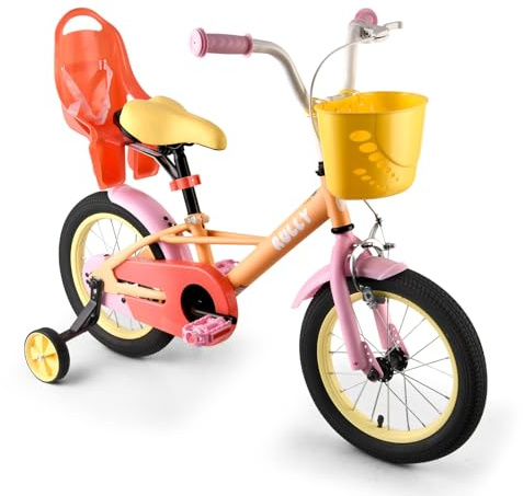 RULLY Bicicleta infantil rosa de 12 pulgadas para niñas de 2 a 4 años (33 – 41 cm) – Bicicleta infantil con ruedas estabilizadoras, asiento para muñecas, cesta y estilo arcoíris.