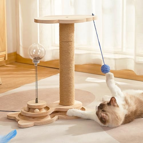TOTHDATE Columna rascador 4 en 1 para gatos, árbol rascador de madera, cuerda de sisal, juguete para gatos con bola colgante, bola de golosinas, plato giratorio de capas, juguete de inteligencia para