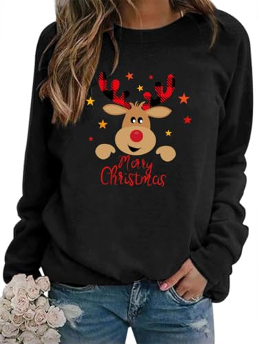 WIEIYM Sweat-shirt de Noël à manches longues imprimé col rond pull top de fête automne hiver manches longues blouse tops extensibles légers sweat-shirts basiques confortables haut, F-black, XXL