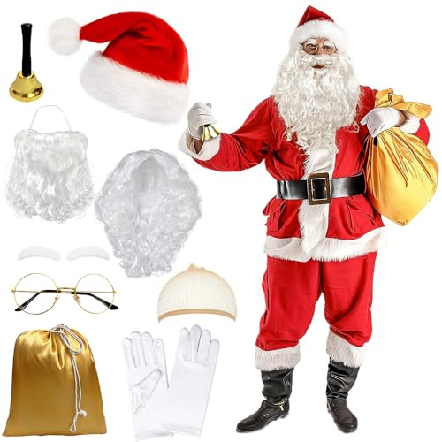 LYPPUL 11pcs Parrucca e Barba Babbo Natale, Costume Babbo Natale, Accessori Cosplay Babbo Natale, Cappelli di Babbo Natale Parrucche Barbe Campane Occhiali Guanti Sacchetto di Babbo Natale per Natale