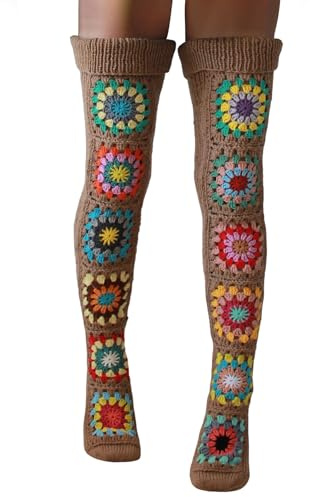 Leoparts Crochet Thigh High Socks Granny Square Over Knee High Retro Knitted Stocking Colorful Leg Warmers