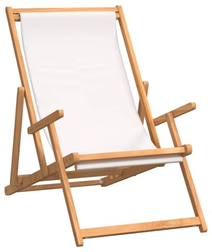 Mhdvray Silla de playa plegable de madera maciza de teca, tumbona ajustable con reposabrazos y tela color crema, silla de jardín para balcón, playa y camping, 60 x 126 x 87,5 cm