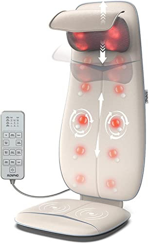Renpho Back Massager with Heat, Shiatsu Massage Chair Deep Tissue Kneading Rolling Masager S-Shape Height Adjustable Headrest, Full Back Massage Seat Pad Home Office Use, Beige