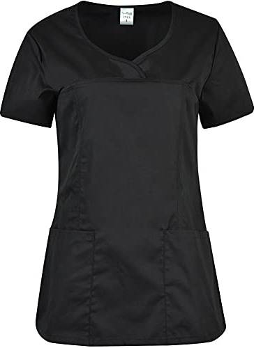B-well INES Tunique Médicale Femme Manche Courte Tunique Médicale Blouse Pharmacie Uniforme Médical Blouse Estheticienne Col V 2 Poches Noir L