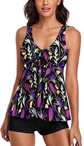 Omichic Retro Tummy Control Tankini Swimsuits for Women Flawy Blouson Two Piece Bathing Suits Tank Top with Boyshorts Small Multicolor