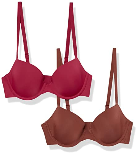 Amazon Essentials Women's Underwire Demi Cup Microfiber Bra with Adjustable Straps, Medium Coverage, Pack of 2, Chocolate/Red, 36D