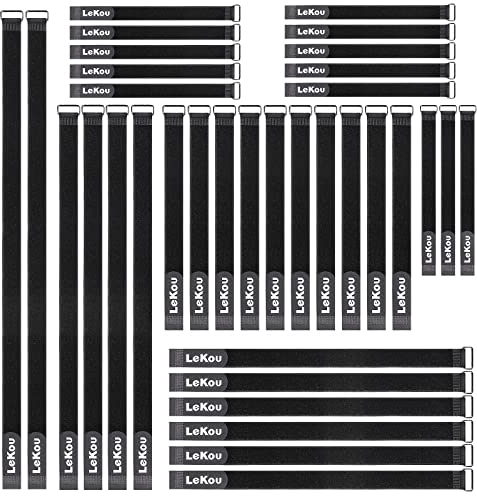 Lekou Klettbänder, wiederverwendbare Kabelbinder,Klettbänder mit Metallschnalle, Befestigungsgurte für Kabelorganizer Kabelmanagement 35er Pack