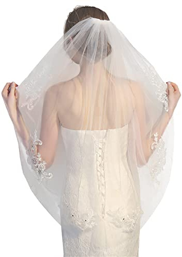 Dishowme Dentelle Voile De Mariage Impression De Mariée Cathédrale Tête Voile Mariée Cristal Doux Tulle Bord Coupé Accessoires De Cheveux Du Bout Du Doigt Avec Peigne Pour Femmes Mariées (Blanc A)