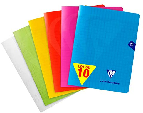 Clairefontaine 303741C Lot de 10 Cahiers Agrafés Mimesys - 17x22 cm - 96 Pages Grands Carreaux - Papier Blanc 90 g - Couverture Polypro Transparent - Couleurs Aléatoires