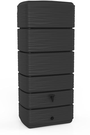 EDA Regentonne Récup'O 300 l – Dekor Wellen – Wasserhahn + Ablaufstopfen – 60 x 40 x Höhe 137 cm – Grau Anthrazit