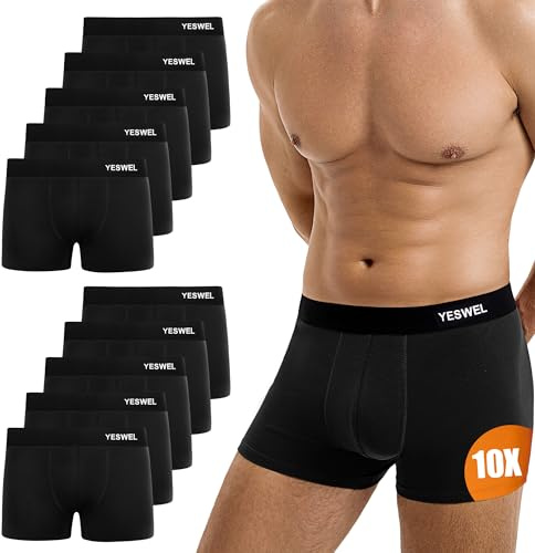 YESWEL Mens Boxers 10 Pack, Cotton Retro Boxer Shorts, Breathable Underwear Briefs, No Itchy Labels Underpants Black (L)