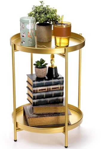 Tebery Gold Metal 2-Tier End Table Round Side Table with Removable Tray, Small Sofa Coffee Accent Table Folding Nightstand for Living Room Bedroom Balcony and Office
