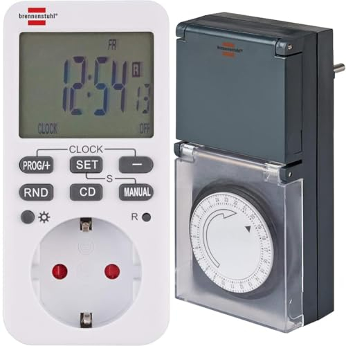 Brennenstuhl Comfort-Line Digitale Wochenzeitschaltuhr, Digitale Timer-Steckdose weiß & Zeitschaltuhr MZ 44, mechanische Timer-Steckdose grau