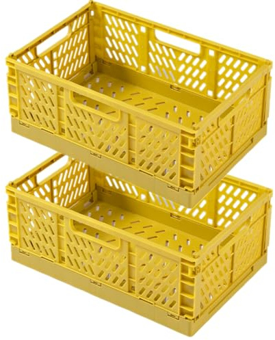 EURXLQ 2 Fällbara lådor i plast, hopfällbar förvaringskorg, vikbar lekhage för barnrum, kök, sovrum, kontor, badrum (gul, 43 x 29 x 17 cm)