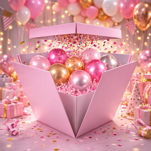 Chianese Scatola Regalo a Sorpresa Box Surprise per Palloncini 50x50x50 cm Rosa | Scatola per Baby Shower, Gender Reveal Bimba e Nascita | Explosion Box per Compleanno Bambina e Festa