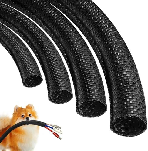 Cat Dog Cord Protectors from Pets No Chew 12ft - 1inch，Rabbits Cable Sleeves Cord Management Puppy Proof Covers, Wire Loom Critter Cord Charger Protector Heavy Duty Split Sleeve Automotive Tv，Black