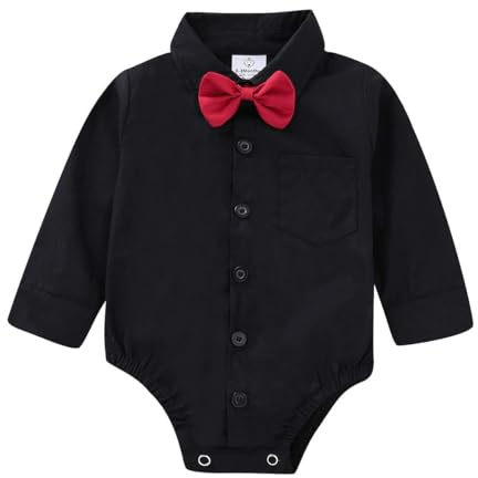 OPAWO Baby Shirt Romper 100% Organic Cotton Newborn Vests, Long Sleeve Bodysuits for Baby Boys and Girls, Bow-tie Button Down Babies T Shirts for Wedding Suit Christening Outfit (Black L,6-9 Months)