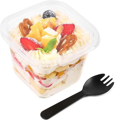 Bicchiere da dessert in plastica con coperchio, ciotola rettangolare per antipasto, tiramisù, budino mousse, riutilizzabile (50 pezzi/360'