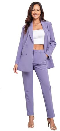 Damen 2-teiliges Hosenanzüge, zweireihiges Blazer-Set, lässiger lockerer langer Blazer und lange Hosenanzüge mit Taschen, Flieder, Groß