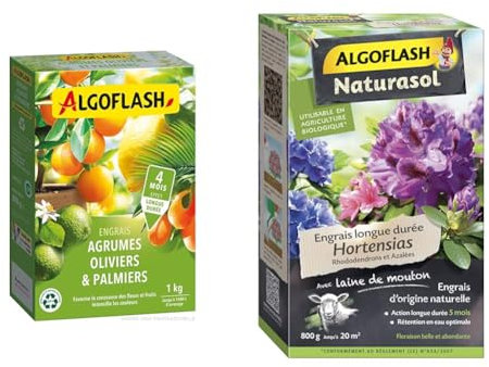 ALGOFLASH Engrais Agrumes, Olivers, Palmiers, Longue Durée, 1 kg, MED1R & NATURASOL Engrais Hortensias, Rhododendrons et Azalées, Longue durée 5 mois, Jusqu'à 20 m², UAB, 800 g, ABIOHOR800