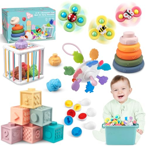 Montessori Juguetes Sensoriales 6 en 1 para Bebés 6-12 Meses, Bloques de Construcción Apilables y Cubo de Actividades para Regalos en Cumpleaños y Navidad