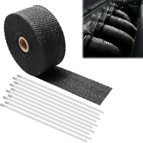 Schwarzes Auspuffband, Auspuff-Hitzeschutzband, Basaltfaser-Isolierband, Hitzebeständiger Auspuffverband, Mit 10 Kabelbindern, Geeignet für Motorrad- und Auto-Auspuffkrümmer, Auspuffanlagen