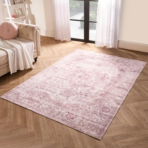 OHS Pink Rug Living Room, Vintage Printed Washable Rug Soft Durable Material Decorative Vintage Home Design Stylish Bedroom Rugs - 80 x 150cm