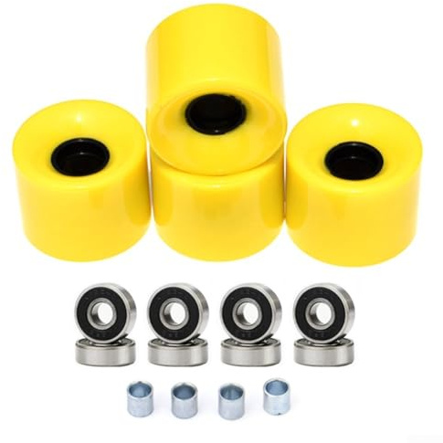 4 st skateboardhjul, PU stål 78A komplett skateboardhjulsats 60 × 45 mm 78 A longboard hjul ABEC-9 lager distansset (gul)
