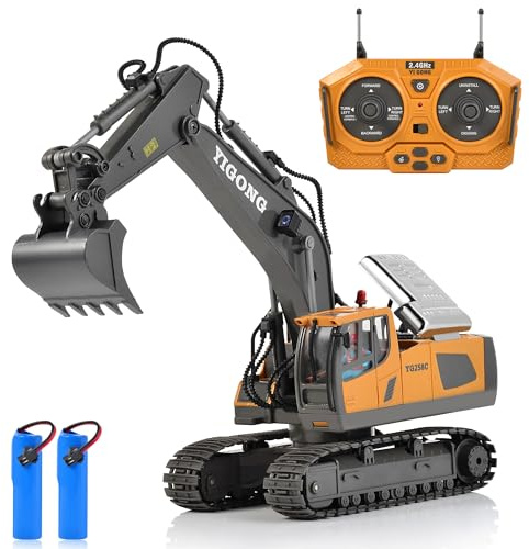 Excavadora teledirigida, 2,4 GHz, juguete para niños y niños, con pala de metal, rotación de 680°, luces y efectos de sonido, 2 pilas recargables de 1200 mAh