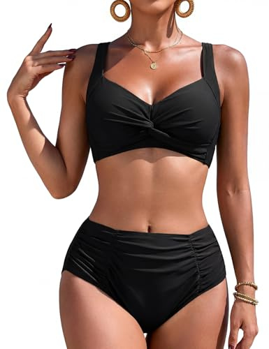 FemiChic Maillot de Bain Femme 2 Pièces Sexy Taille Haute Ventre Plat Bikini Set Push Up Bikini Deux Pièces Été Plage Beachwear