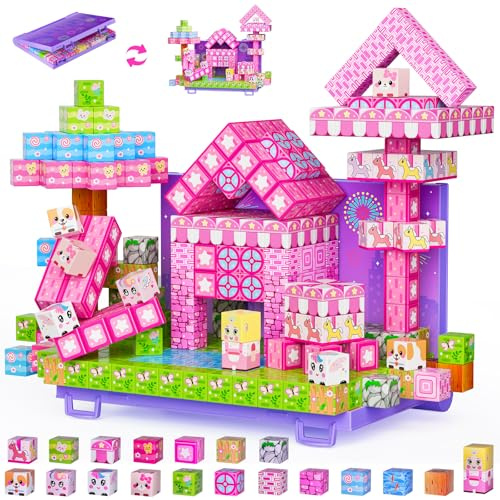 Magnetic Building Blocks, 84PCS Magnetic Block Cubes Tile with Foldable Magnet Board, Creative 3D Building Princess Castle Toys Gifts Game for Girls Kids Age 3 4 5 6 7 8 10 Play Pink