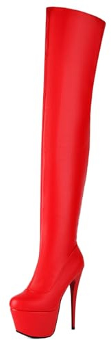 Mo Joc Stivali sopra il ginocchio da donna, punta tonda, tacco 16 cm, altezza gambale 62,5 cm, chiusura lampo laterale, suola in gomma antiscivolo, fodera morbida, Colore: rosso, 36 EU