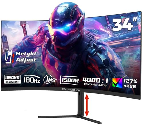 CronusPro 34 Zoll Ultrawide Curved Gaming Monitor, 180Hz, UWQHD (3440 x 1440) Höhenverstellbar, Pip/PBP, 1ms MPRT, AMD FreeSync, 21:9, 4000:1, 127% sRGB, 1500R, 2* HDMI 2.1/DP 1.4, VESA, Schwarz