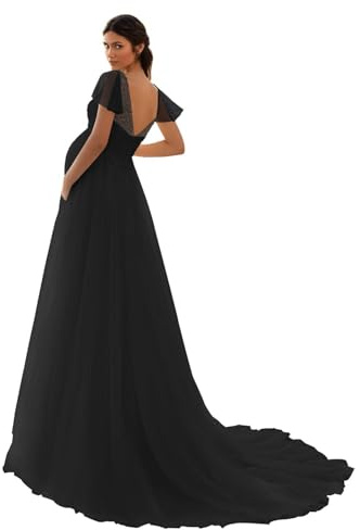 HAIBFJIN Vestido de maternidad de tul, cuello en V, vestido de novia para embarazadas, vestidos de maternidad para baby shower, sesión de fotos, Negro , 50