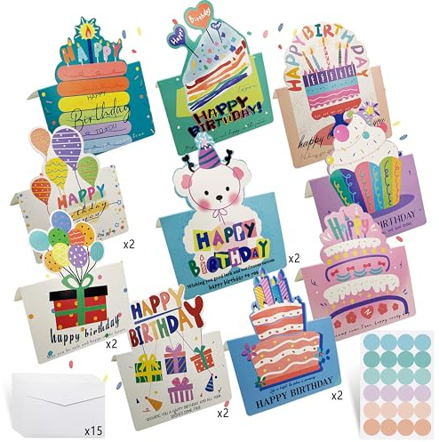 Xcdhemde 15 Pcs Biglietto Auguri Compleanno, 10 Diversi Disegni, Biglietto Auguri, Pieghevoli Cartolina Compleanno, Adatto a Persone di Diverse Fasce D'età, Con 15 Busta