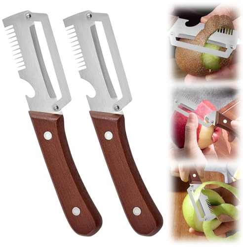 3-in-1 Multifunktions-Gemüseschäler für die Küche, mit ultrascharfer Edelstahlklinge und ergonomischem Holzgriff, Breite Klinge müheloses Schälen von Kartoffeln, Äpfeln, Öffnen von Weinflaschen(2PC)