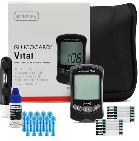 ARKRAY GLUCOCARD Vital Blood Glucose Monitor Kit – Fast, Accurate & Easy-to-Use Blood Glucose Monitoring System with Meter, 10 Test Strips, 10 Lancets, Control Solution, Lancing Device & Carrying Case